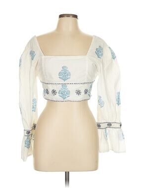 NWOT Madison Mathews White Blue Embroidered 3/4 Sleeve Crop Top Boho Large